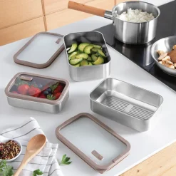 Boîte de conservation rectangulaire en inox avec couvercle en verre 1 L compatible micro-ondes Mathon