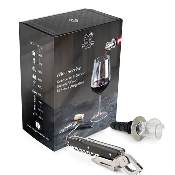 Coffret Wine Service - tire-bouchon Clavelin noir + bec verseur Arum Peugeot