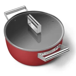 Faitout bas aluminium antiadhésif 24 cm rouge mat avec couvercle verre trempé Smeg