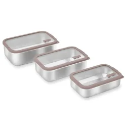 Lot 3 boîtes de conservation rectangulaires en inox avec couvercles en verre 700 ml, 1L et 1,65 L compatibles micro-ondes Mathon