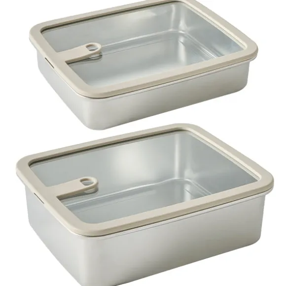 Lot 2 boîtes de conservation rectangulaires en inox avec couvercles en verre 1,7 L et 2,4 L compatibles micro-ondes Mathon