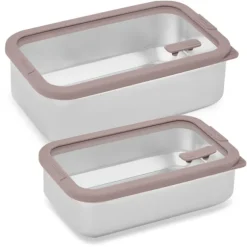 Lot 2 boîtes de conservation rectangulaire en inox avec couvercles en verre 700 ml et 1,65 L compatibles micro-ondes Mathon