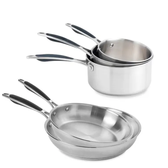 Lot 3 casseroles 16, 18 et 20 cm et 2 poêles 24 et 28 cm tout inox Excell'Inox Mathon