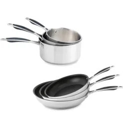 Lot 3 casseroles 16, 18 et 20 cm et 3 poêles 20, 24 et 28 cm Excell'Inox Mathon
