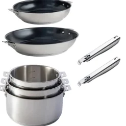Lot 3 casseroles et 2 poêles inox revêtement antiadhérent céramique Clips’Inox et 2 manches amovibles Mathon
