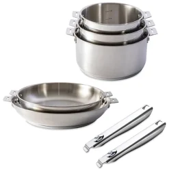 Lot 3 casseroles et 2 poêles tout inox Clips’Inox et 2 manches amovibles Mathon
