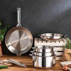 Lot 3 casseroles et 2 poêles tout inox Clips’Inox et 2 manches amovibles Mathon