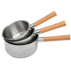 Lot 3 casseroles inox manche bois Natural’Inox 16, 18 et 20 cm Mathon