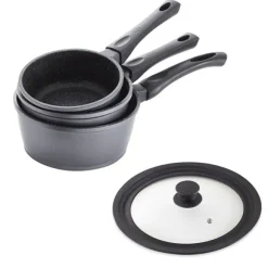 Lot 3 casseroles revêtement Dur comme la pierre 16, 18 et 20 cm et couvercle multidiamètre Mathon