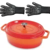 Lot cocotte en fonte ovale orange 33 cm 6 L et 2 gants anti-chaleur grand modèle (taille 10) Mathon