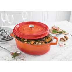 Lot cocotte en fonte ovale orange 33 cm 6 L et 2 gants anti-chaleur grand modèle (taille 10) Mathon