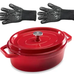 Lot cocotte en fonte ovale rouge 33 cm 6 L et 2 gants anti-chaleur grand modèle (taille 10) Mathon