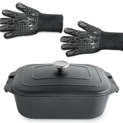 Lot cocotte légère rectangulaire 7,7 L en fonte d’aluminium 34,5 cm et 2 gants antichaleur grand modèle Mathon