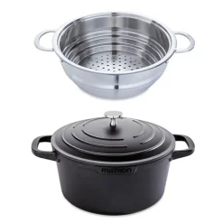 Lot cocotte légère ronde fonte aluminium 24 cm 4,5 L et panier vapeur multidiamètre Mathon