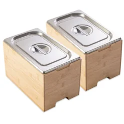 Lot de 2 bacs gastro avec couvercles en inox et supports bambou Mathon
