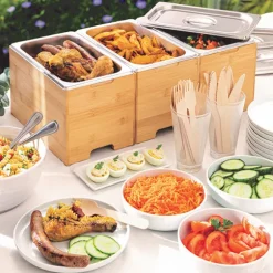 Lot de 2 bacs gastro avec couvercles en inox et supports bambou Mathon