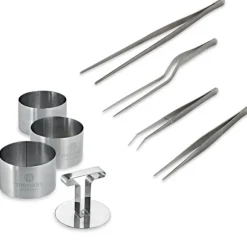 Lot de 4 pinces à dresser de précision et de 3 cercles de présentation avec poussoir en inox Mathon