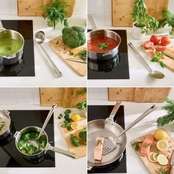 Lot de 4 ustensiles avec louche, cuillère, spatule, écumoire et d’un fouet magique à spirale 30 cm en inox Mathon