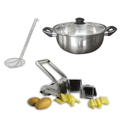 Lot friteuse traditionnelle, coupe-frites et araignée à friture