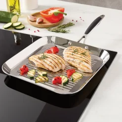 Lot grill carré 26 cm et poêle 24 cm tout inox Excell’Inox Mathon