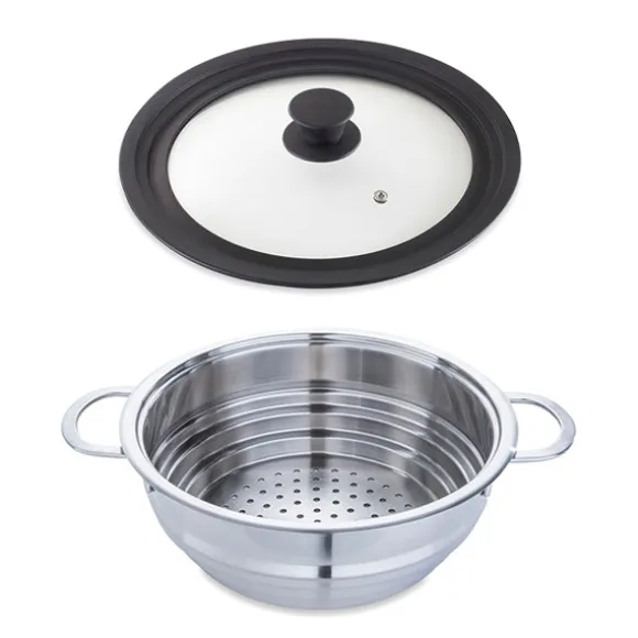 Lot panier vapeur multidiamètre 20, 22, 24 cm et couvercle en verre multidiamètre Mathon
