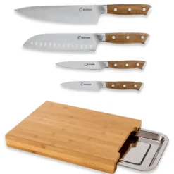 Lot planche à découper bambou et 4 couteaux bois d'acacia Mathon