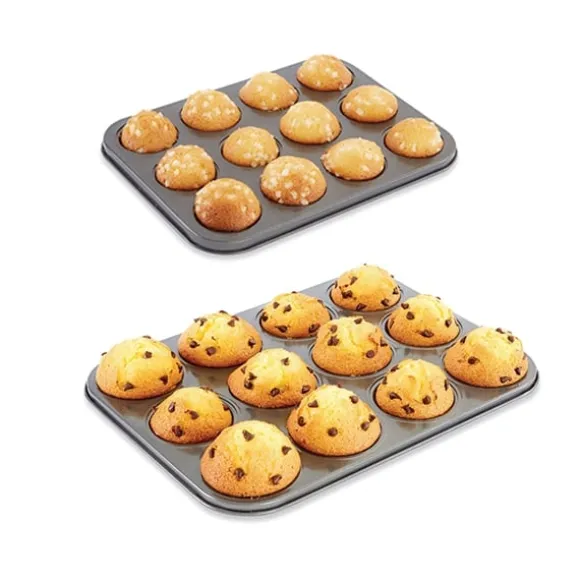 Lot 2 plaques 12 muffins et 12 mini-muffins acier revêtement antiadhérent Mathon