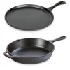 Lot 1 poêle avec poignées et 1 crêpière en fonte 26 cm Lodge