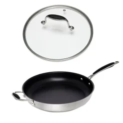 Lot poêle inox antiadhérent et couvercle verre 32 cm Excell'Inox Mathon