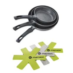 Lot 3 poêles anti-adhérentes Dur comme la pierre 20, 24 et 28 cm et 3 feutrines Mathon
