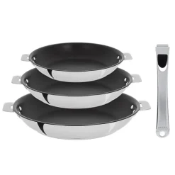Lot 3 poêles inox antiadhérentes Casteline 20, 24 et 28 cm et manche amovible Cristel