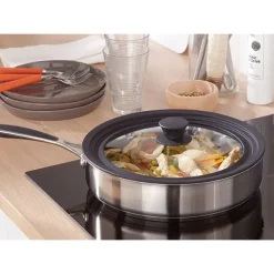 Lot 2 poêles inox antiadhérentes Excell'Inox 24 et 28 cm et couvercle multidiamètre Mathon