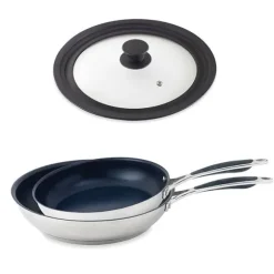 Lot 2 poêles inox antiadhérentes Excell'Inox 24 et 28 cm et couvercle multidiamètre Mathon
