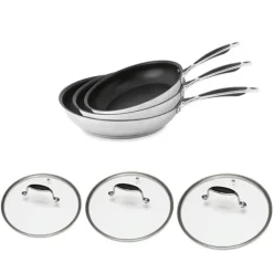 Lot 3 poêles inox antiadhérentes Excell'Inox 20, 24 et 28 cm et 3 couvercles en verre Mathon