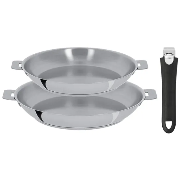 Lot 2 poêles tout inox Mutine 24 et 28 cm et manche amovible Cristel