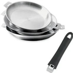 Lot 3 poêles tout inox Mutine 20, 24 et 28 cm et manche amovible Cristel