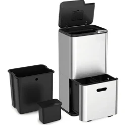 Lot poubelle de cuisine 3 bacs de tri sélectif 63 L inox et grand panier de tri 72 L Mathon