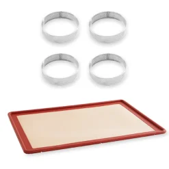Lot tapis plaque de cuisson 39,7 x 29,5 cm et 4 cercles à tarte perforés 8 cm Mathon