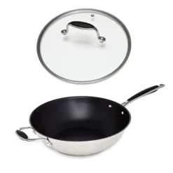 Lot wok inox antiadhérent et couvercle verre 30 cm Excell'Inox Mathon