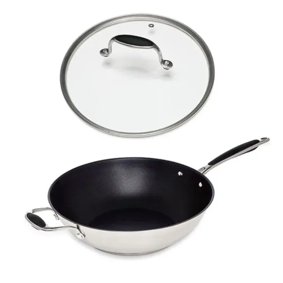 Lot wok inox antiadhérent et couvercle verre 30 cm Excell'Inox Mathon