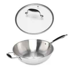 Lot wok tout inox et couvercle verre 30 cm Excell'Inox Mathon