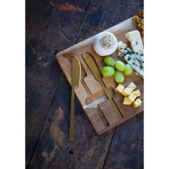 Plateau à fromage en bois d'acacia et couteaux inox or brossé Livoo
