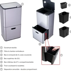 Poubelle de cuisine 3 bacs de tri sélectif 63 L inox Mathon