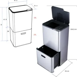 Poubelle de cuisine 3 bacs de tri sélectif 63 L inox Mathon