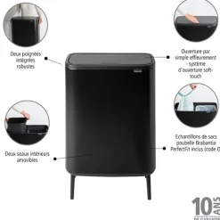 Poubelle rectangulaire avec 2 compartiments Bo Touch Bin Hi noire 60 L Brabantia