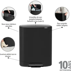 Poubelle rectangulaire à pédale avec 2 compartiments Bo noire 60 L Brabantia