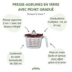 Presse-agrume manuel avec pichet gradué en verre 500 ml Pebbly