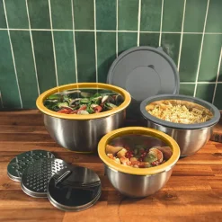 Set 3 bols en inox 1.4 L, 2.8 L et 4.7 L avec couvercles et 3 râpes interchangeables Pika