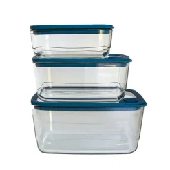 Set 3 boîtes en verre rectangulaires avec couvercles silicone 720, 1500 et 2900 ml compatibles micro-ondes Pebbly
